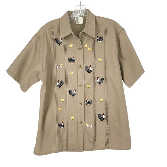 Funky Embroidered Chicken Button Up Tan Short Sleeve Shirt Sz S/M Quirky 90s Y2K - Picture 1 of 16
